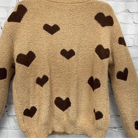 Heart Print Sweater Women's Size M Tan/Brown Valentines Comfy Cozy Love Travel - Picture 5 of 6